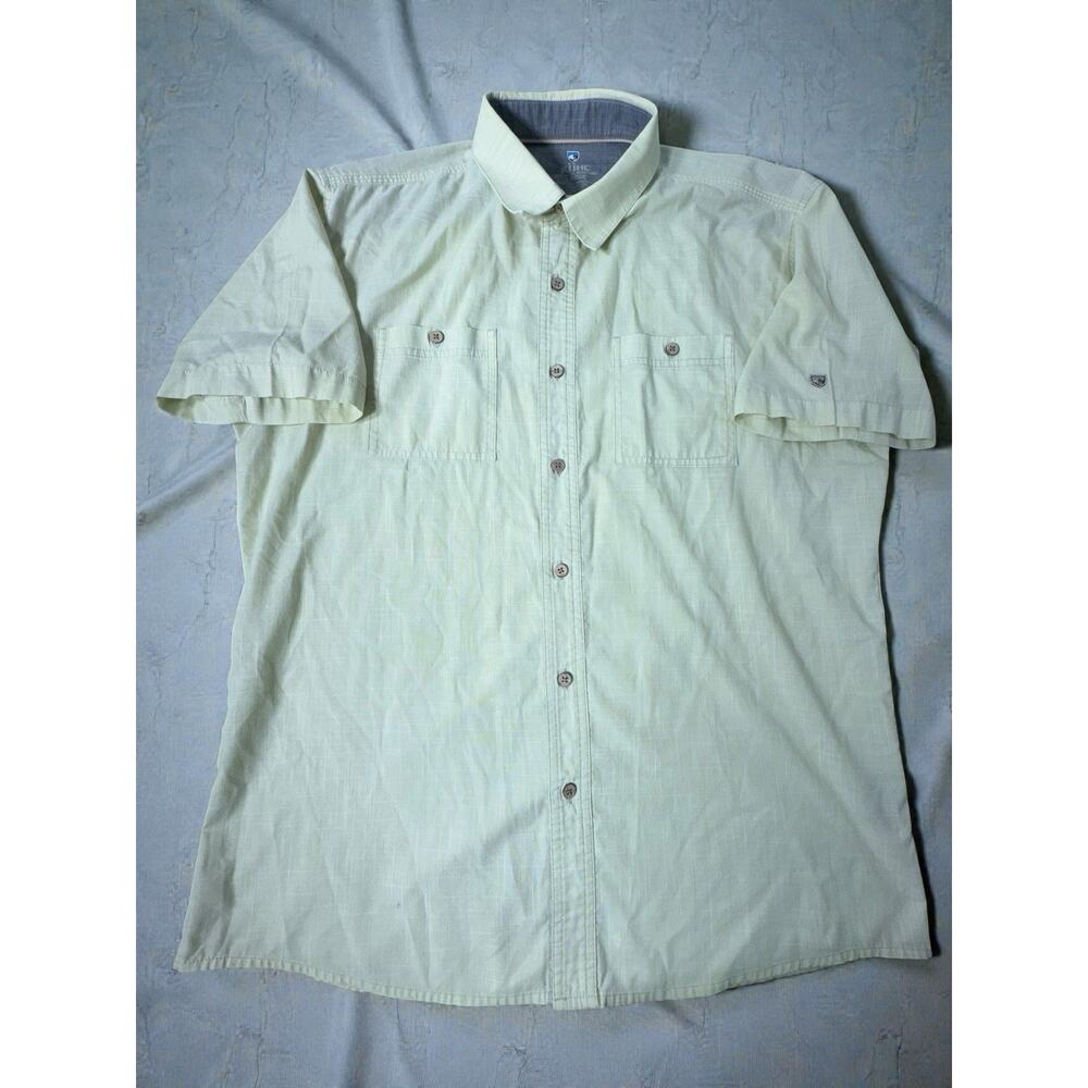 Kuhl Men’s Large Yellow Button Up Shirt Short Sleeve Outdoor Hiking